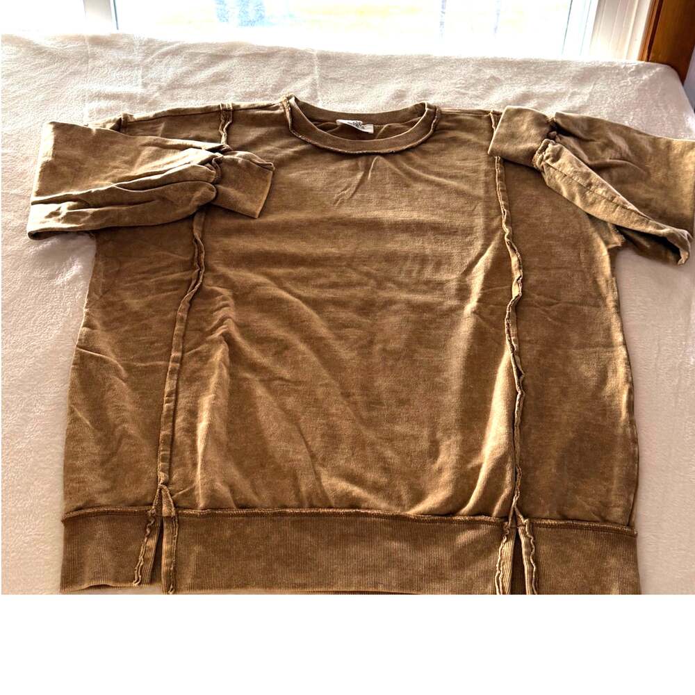 Zenana L/XL Brown Acid Wash Exposed Seam Cotton Sweatshirt Side Slit NIB